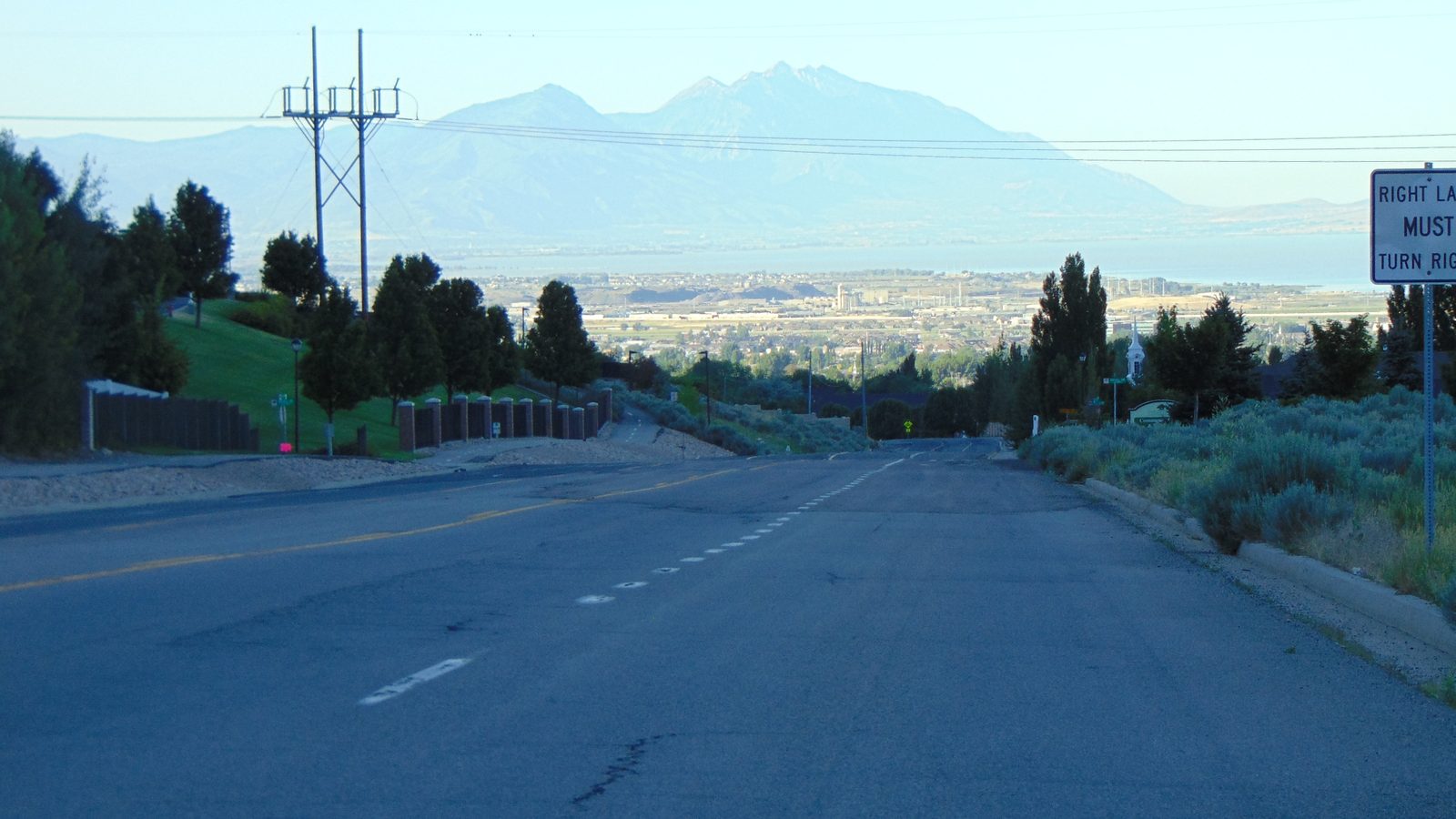 Looking south down North Canyon Road in Cedar Hills, Utah, over the valley toward Utah Lake and the mountains